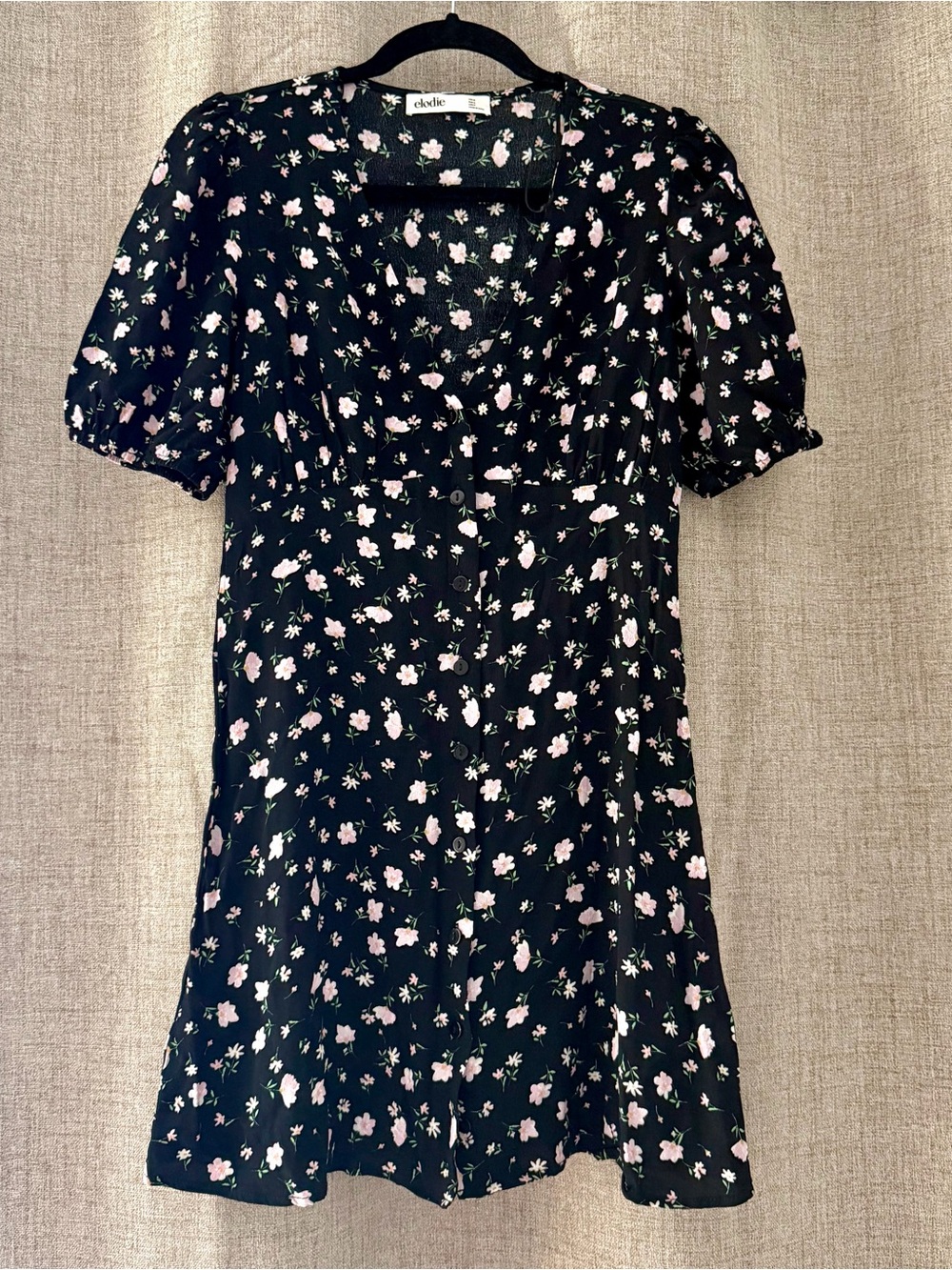 Black Floral Button-Front Mini Dress with Pink Blossoms
